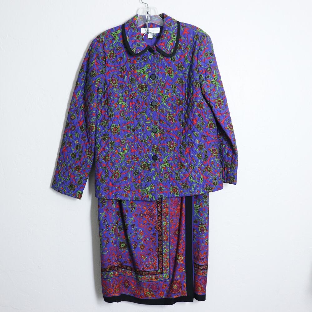 Ilyse Hart Skirt Suit Set 8 Jacket 12 Skirt Wrap Purple Floral Boho Quilted